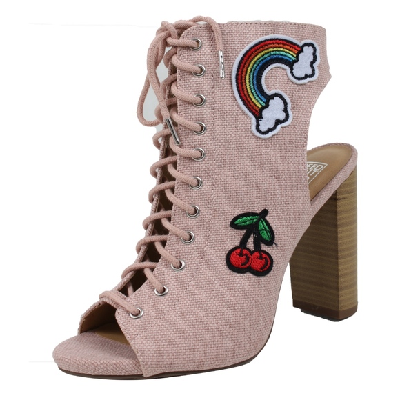 Pink Canvas Embroidery Patch Block Heel Boot - Picture 2 of 3